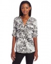 Calvin Klein Women's Printed Crew Roll Sleeve Shirt, Black/Birch Multi, Small