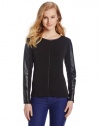 Calvin Klein Women's Long Sleeve Top with Faux Leather Trim