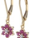 18k Yellow Gold Plated Sterling Silver Ruby Flower Dangle Earrings