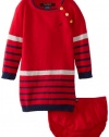 Nautica Baby-Girls Infant Long Sleeve Stripe Sweater Dress with Button Placket, Red, 12 Months