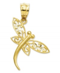 The natural flit and flutter of a real dragonfly is captured in the angular placement of this filigree dragonfly charm. Crafted of 14k gold with a satin finish. Chain not included. Approximate drop length: 4/5 inch. Approximate drop width: 1/2 inch.