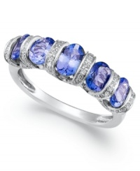 A true beauty. This stunning ring features five oval-cut tanzanite stones (1-5/8 ct. t.w.) accented by rows of certified, round-cut diamonds (1/4 ct. t.w.). Set in sterling silver. Size 7.