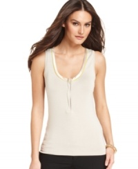 T Tahari's petite tank is taken for a sleek modern spin with a satin-trimmed neck, contrasting piping and a zipped front placket. Great as a layer or to be worn solo!