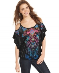 Punch-up your day look with a poncho-style top from Almost Famous that unites a colorful mosaic print with stripes of sequins!