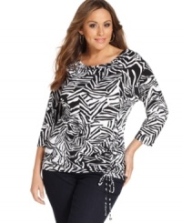 Pair your favorite jeans with Jones New York Signature's three-quarter sleeve plus size top, accented by a draped neckline and drawstring hem.