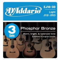 D'Addario EJ16-3D Phosphor Bronze Acoustic Guitar Strings, Light, 3 Sets