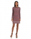 Vince Camuto Women's Long Sleeve Printed Boat Neck Dress With Neckline, Red, 8