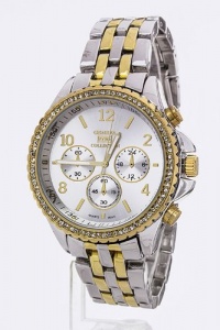 KARMAS CANVAS COLLECTION CRYSTAL BEZEL CHRONO STYLE FASHION WATCH (Rhodium/Gold)