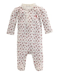 Finished with pretty lace accents, an adorable coverall is crafted in ultra-soft floral pointelle jersey.