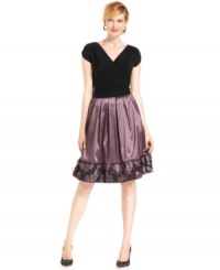 SL Fashions' petite dress is party-ready with ruching, a full pleated skirt and pretty applique detail at the hem.