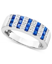 Striped to perfection. Sparkling rows of princess-cut sapphires (9/10 ct. t.w.) and round-cut diamonds (1/10 ct. t.w.) combine for cheery and bright design. Set in 14k white gold.