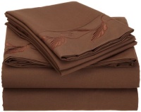 Cathay Home Fashions Luxury Silky Soft Leaf Design Embroidered Microfiber Queen Sheet Set, Chocolate