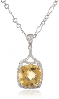 Badgley Mischka Fine Jewelry Sterling Silver White Diamonds Large Cushion Cut Citrine Pendant Necklace