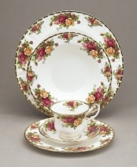 This popular bone china pattern surrounds blooming sprays of colorful English roses with hand-applied bands of 22K gold. Safe for use in the dishwasher, oven and freezer. Manufacturer's two-year warranty.