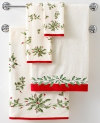 A season worth celebrating. Add festive flair to your bath with Lenox Holiday towels, featuring an elegant holly-and-berry print with contrasting bands of red and touches of glittering gold.