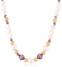 Swarovski Elements Beads, Gold Color Beads and Gold over Silver Clasp White Baroque Freshwater Pearl Necklace, 16+2 Extender