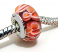 1 High Quality Orange Flowers Authentic 925 Sterling Silver Murano Glass Charm Bead, Fits Pandora, Chamilia, Troll and Others (Threaded Screw Core)