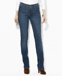 Designed in stretch denim for comfort and a flattering fit, Lauren Jeans Co.'s  slimming class straight petite jean is distinguished by a sleek silhouette with chic, elongated straight leg.