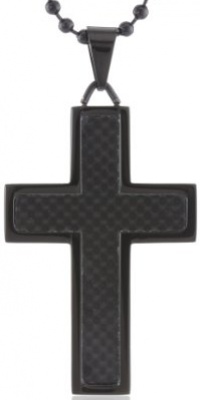 Men's Stainless Steel and Carbon Fiber Cross with Black Ionic Plating Pendant Necklace , 22