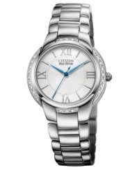 A classic timepiece from Citizen's Ciena collection glistening with diamond accents and pops of blue color. Powered by Eco-Drive, harnessing natural and artificial light, never needing a battery.