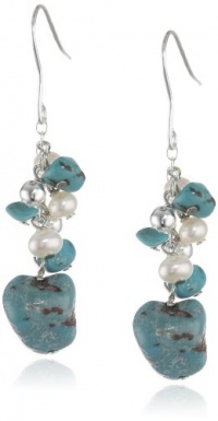 Sterling Silver Turquoise and Freshwater Cultured Pearl Linear Multi Drop French Wire Earrings