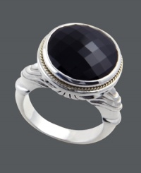 Decorate your digits with a pop of color in bold, black hues. Effy Collection ring features an oval-cut onyx (11-3/4 ct. t.w.) in an intricate sterling silver and 18k gold setting.