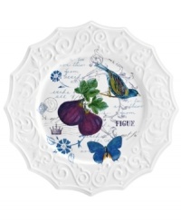 Ripe for the table, the Antique Countryside Fig salad plate exudes charm with embossed vines and colorful nature scenes in traditional white stoneware. Complements Italian Countryside and Antique White dinnerware, also by Mikasa.