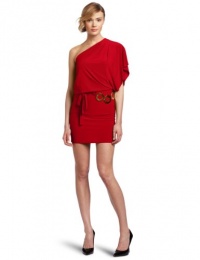 Wrapper One-Shoulder Dress with Gold Metal Rings Belt