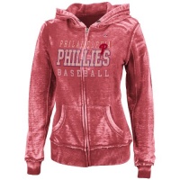 MLB Womens Philadelphia Phillies Washed Athletic Red Heather Long Sleeve Full Zip Hood Bunout Fleece By Majestic