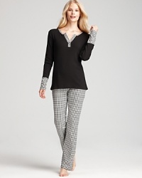 40 Winks combines a classic houndstooth print with an updated pajama silhouette for laid-back lounging.