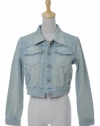 Anna-Kaci S/M Fit Cropped Long Sleeve Distressed Lightly Washed Out Denim Jacket