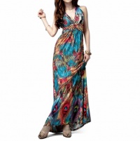 Flaming Peacock Feather Print Empire Waist Maxi Dress