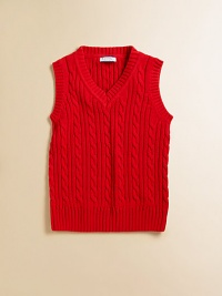 A colorful cable-knit vest is crafted in plush cotton for a cozy, festive layer.V-neckSleevelessPullover styleCottonMachine washImported