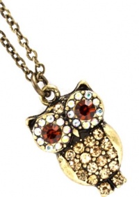 Vintage Style Light Topaz and AB Crystal Embellished Small 3/4 Owl Pendant and Necklace - Burnished Gold Tone