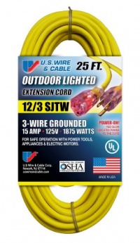 US Wire 74025 12/3 25-Foot SJTW Yellow Heavy Duty Lighted Plug Extension Cord