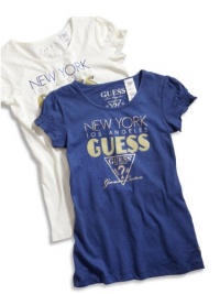 GUESS Kids Girls Big Girl Puff-Sleeve Logo Tee, BLUE (7/8)