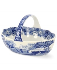 With a quaint country scene and the Imari Oriental border of Spode's Blue Italian dinnerware, this porcelain basket lends distinct old-world charm to traditional tables.