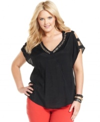 Be a cut above the rest with DKNY Jeans' short sleeve plus size top, accented by an embellished neckline.