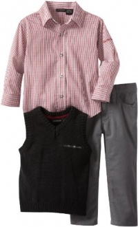 Calvin Klein Boys 2-7 Vest With Check Shirt And Pants, Maroon, 2T