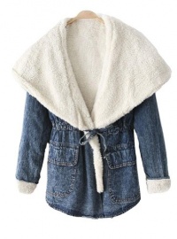 Blue Hooded Long Sleeve Drawstring Denim Outerwear