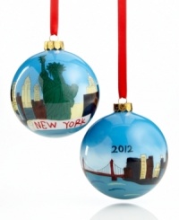 Cherish the memory of Christmas in New York with a glass ornament hand painted with the city skyline and Statue of Liberty. Dated 2012. Shown front and back.