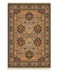 A lush landscape of corals, turquoise blues, maize yellow, moss green, soothing taupe and soft mocha greet you in a playfully intricate pattern. Classically styled for the modern age, this full framed rug offers a neutral palette to coordinate perfectly with today's microfiber, twill and leather furnishings.