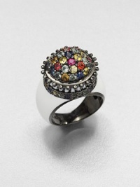 A jeweled bouquet of sapphires in rainbow shades with a beaded edge blooms atop a wide sterling silver band with a smooth enamel finish.SapphiresEnamelBlack rhodium-plated sterling silverDiameter, about .7Imported