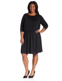 DKNYC Women's Plus-Size Elastic Waist & Faux Leather Long Sleeve Dress