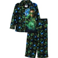 Green Lantern Power Ring Young Boys Black Flannel Coat Style Pajama Set Size 4/5-10/12