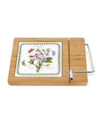 A natural twist on a perennial favorite, this cheese cutting board from Portmeirion serveware combines the true-to-life Sweet Peas and triple-leaf border of Botanic Garden dinnerware with handsome bamboo wood. This collection of cheese boards comes with a built-in slicer.