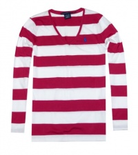 Ralph Lauren Sport Women Pima Cotton Striped Pony Logo Long Sleeve V-Neck T-Shirt (S, Magenta/white)