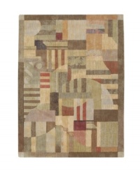 A modern design of animated beauty, this rug renders columns in an abstract collage of rectangles accented with graceful curvilinear details. A cool green palette is tinged with warm hues of brown. Woven of premium Opulon™ yarns to create a lavish pile with a rich, color-enhancing finish.