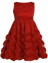 Red Satin and Bonaz Rosette Mesh Overlay Bubble Dress RD3NA Bonnie Jean Little Girls Special Occasion Flower Girl Holiday BNJ Social Dress, Red