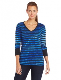 Calvin Klein Performance Women's Long Sleeve Tie Dye Stripe V-Neck Tee, Saltwater/Slate Heather, Medium